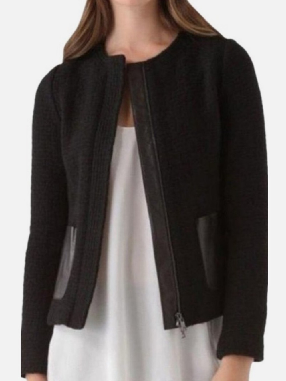 VINCE Black Wool Blend Jacket Leather Pockets and Trim Size 6 Like New